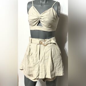 HOUSE OF HARLOW LinenBlend Cropped Smocked Back Top & Belted Short Set Natural s